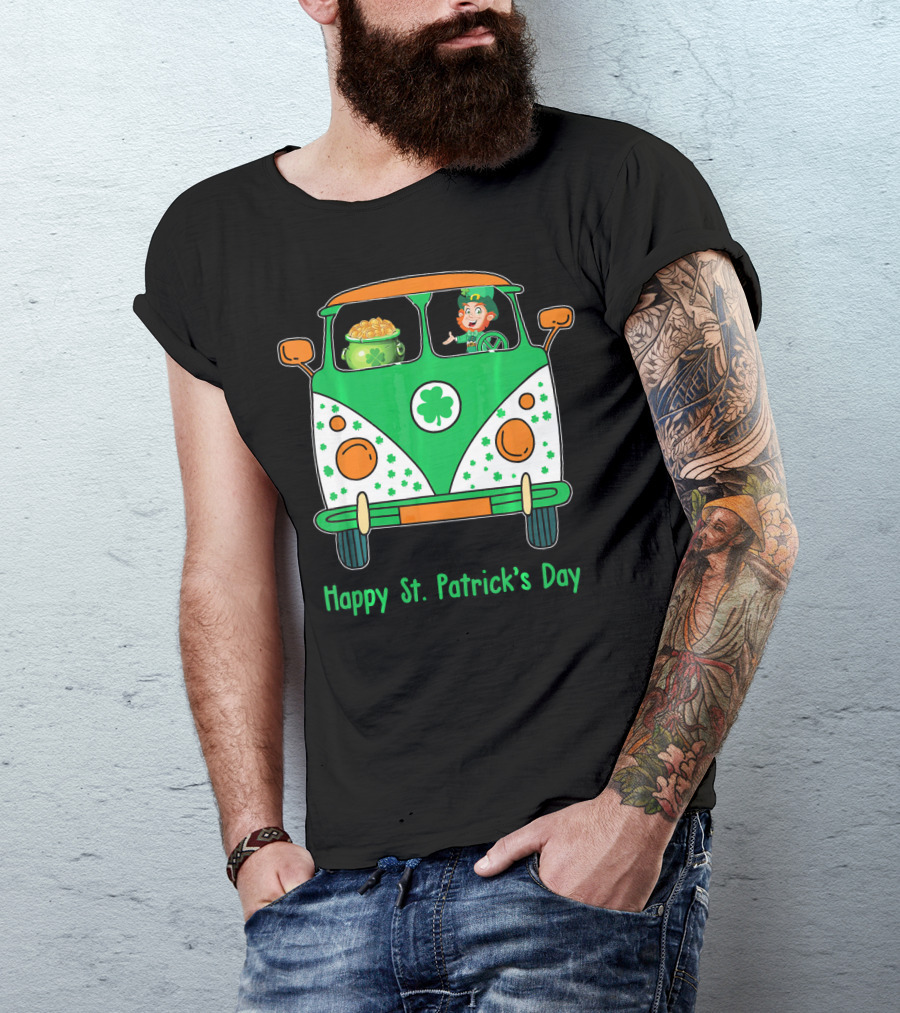 Happy St. Patrick's Day Leprechaun Gold Pot Hippie Car T-Shirt