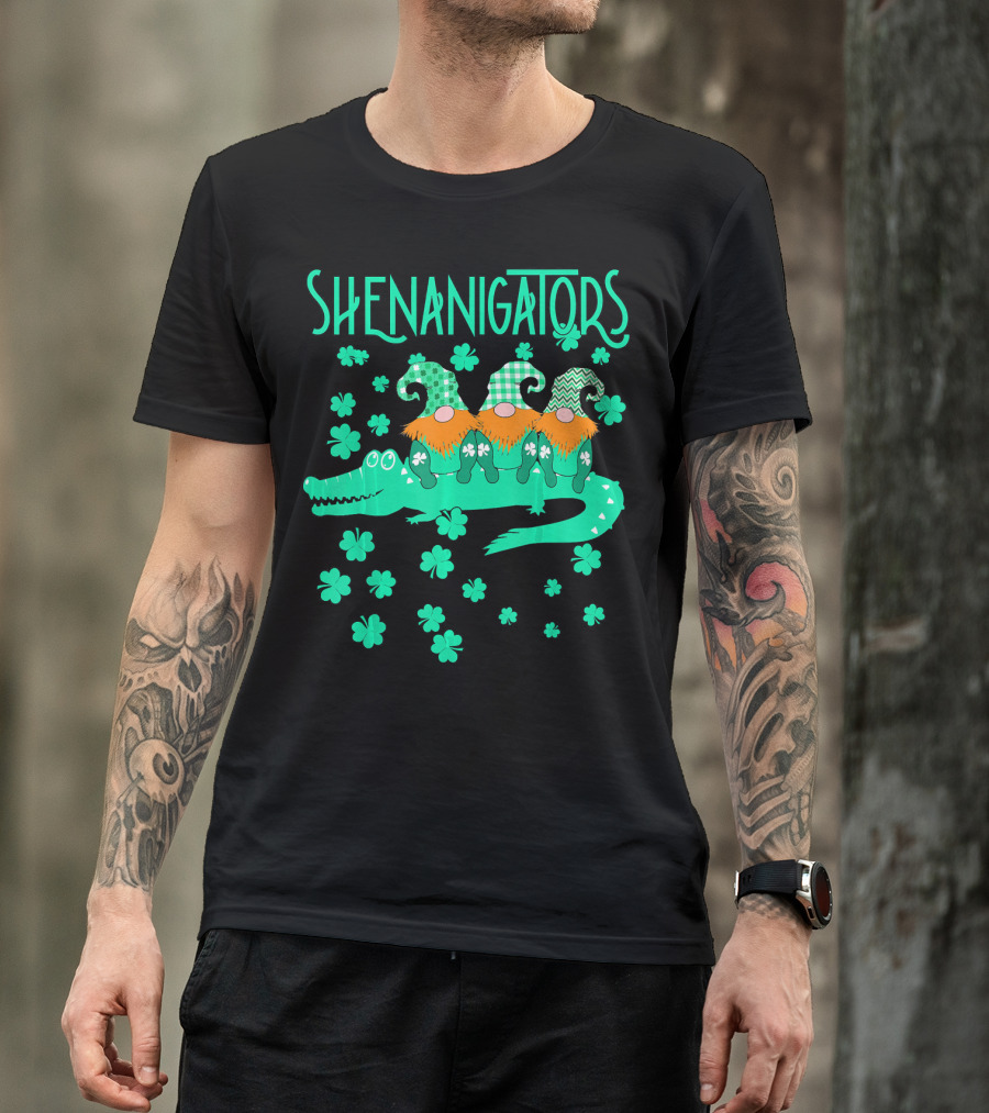Shenanigators Funny Cute Alligator With Gnomes And Shamrocks T-Shirt
