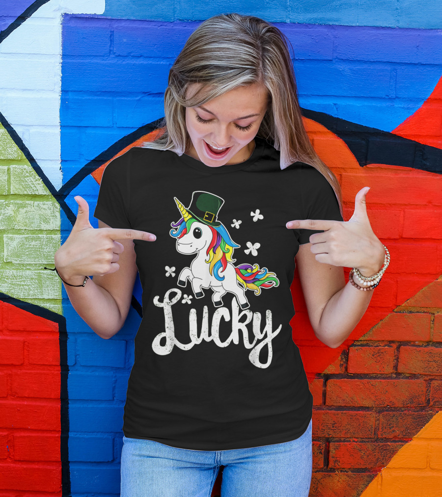 Lucky Unicorn Rainbow Shamrock Hat T-Shirt