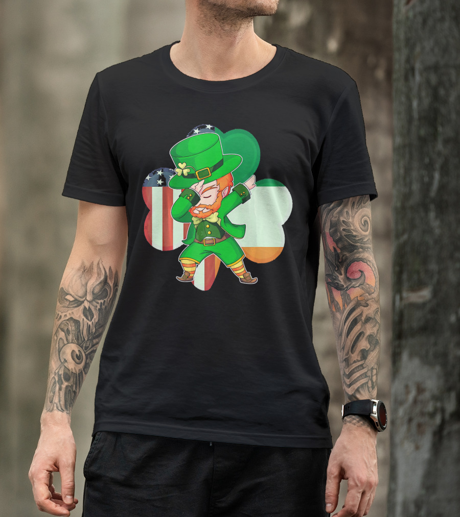 Funny Dabbing Leprechaun Shamrock American Irish Flag T-Shirt