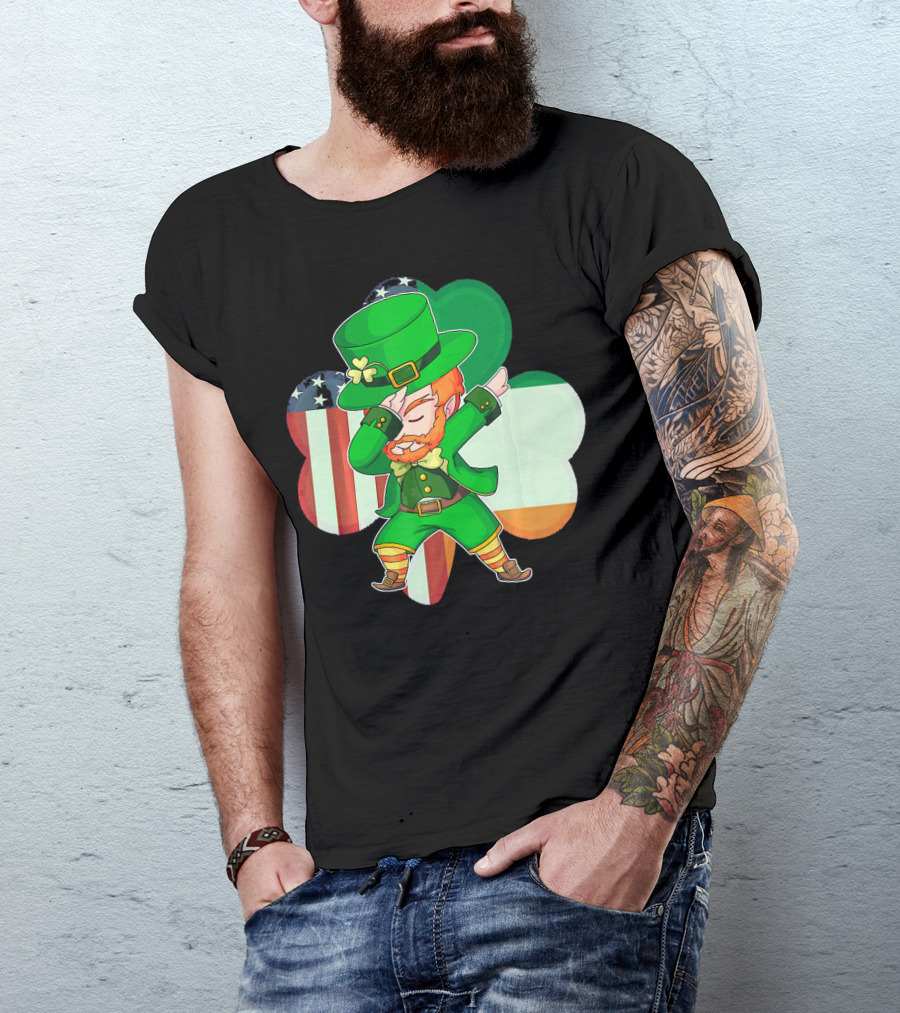 Funny Dabbing Leprechaun Shamrock American Irish Flag T-Shirt