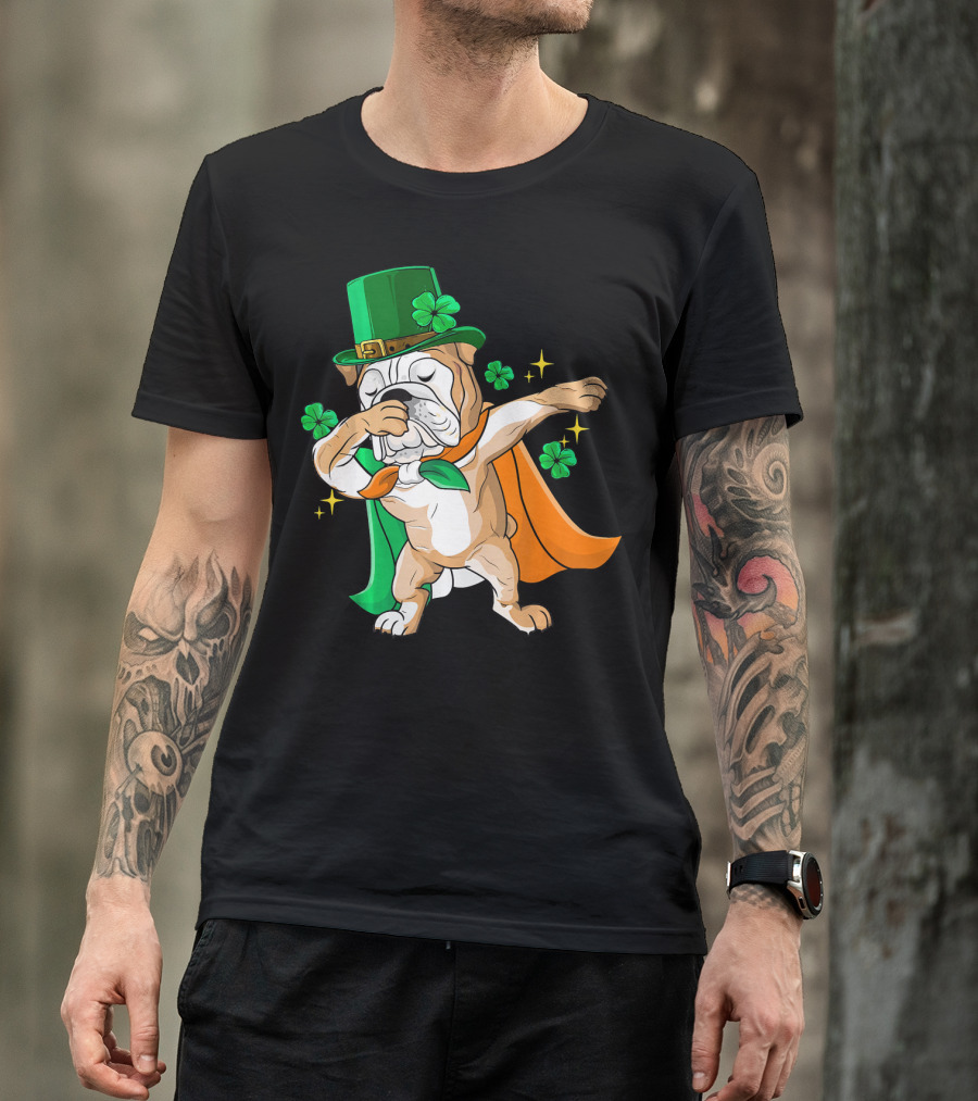 Irish Bulldog Dabbing Leprechaun With Shamrocks T-Shirt