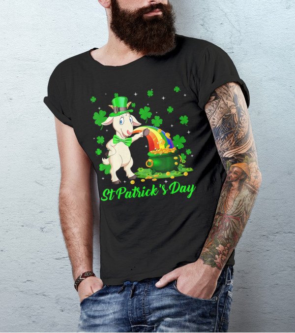 St Patrick's Day Leprechaun Goat Shamrock Rainbow Pot Of Gold T-Shirt