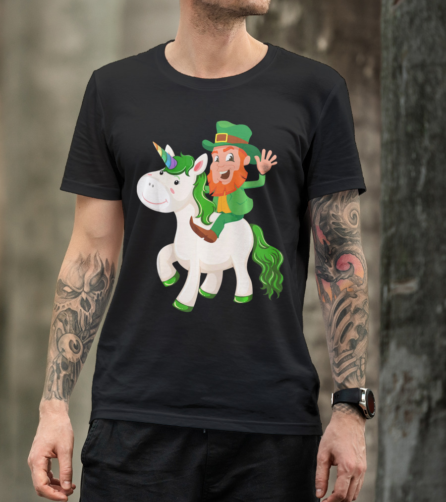 Unicorn Leprechaun Celebration Characters Green Hat And Red Beard Riding Playful Creature T-Shirt