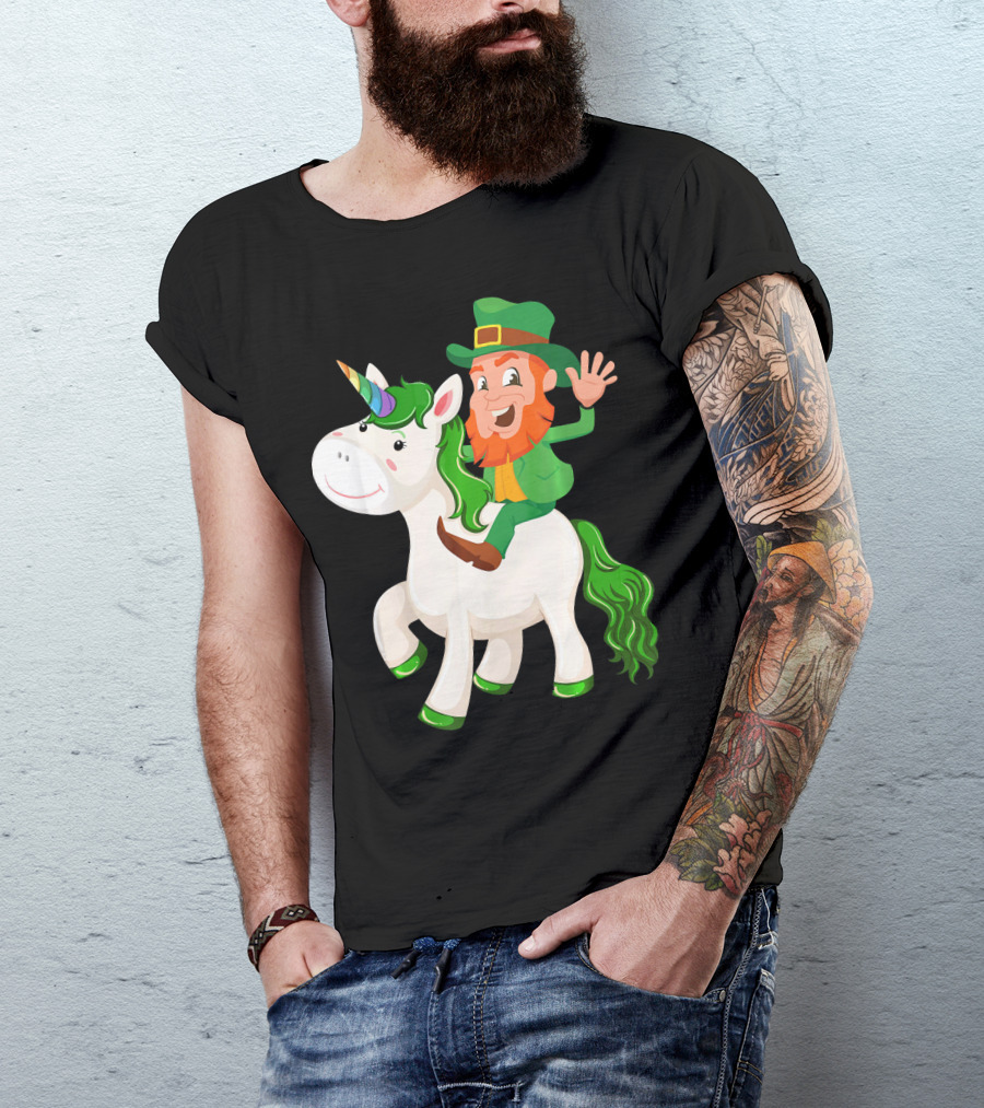 Unicorn Leprechaun Celebration Characters Green Hat And Red Beard Riding Playful Creature T-Shirt