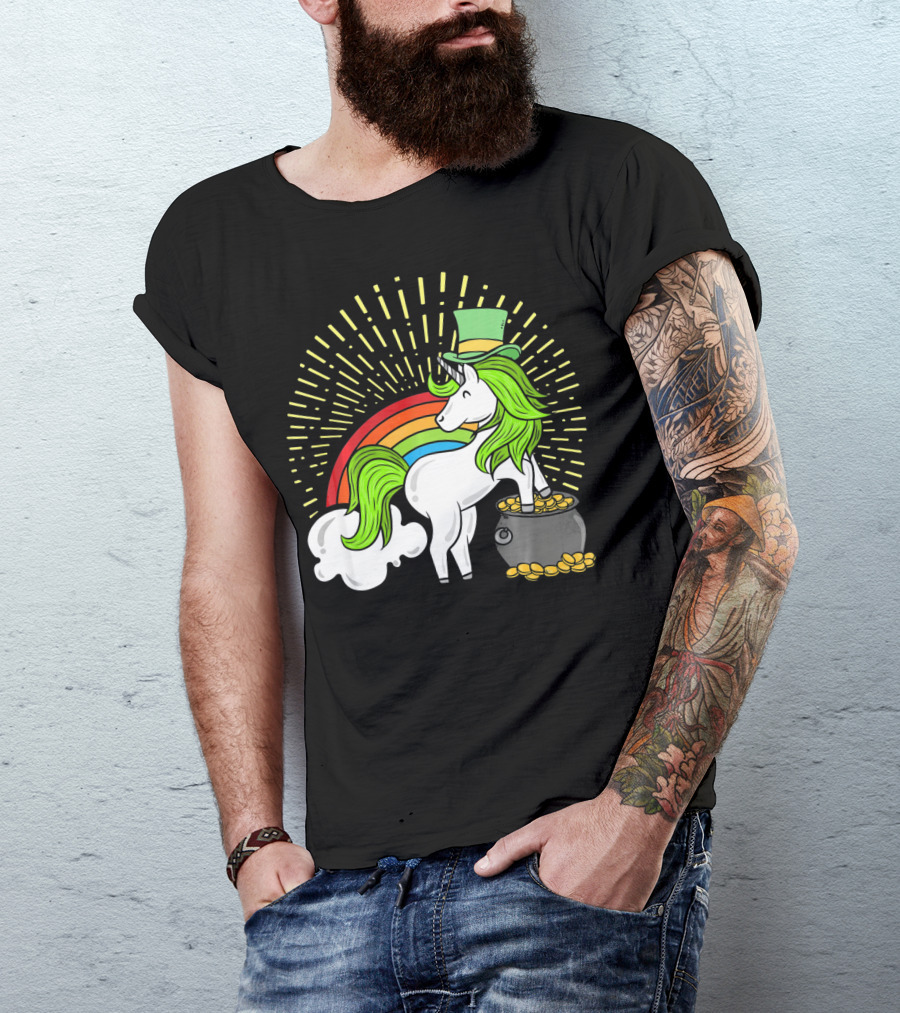 St Patricks Day Unicorn Shamrock Rainbow Pot Of Gold T-Shirt