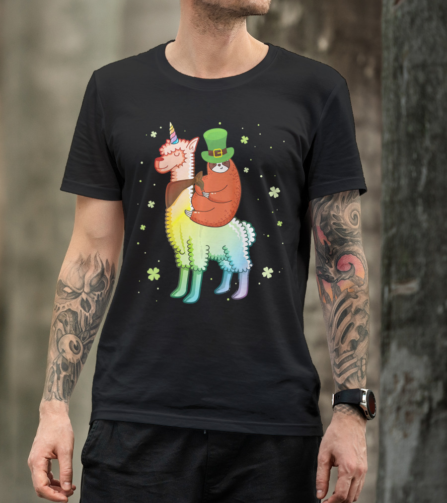 Cute Sloth Leprechaun Riding Rainbow Unicorn Llama With Shamrocks T-Shirt