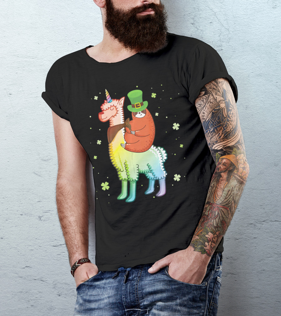 Cute Sloth Leprechaun Riding Rainbow Unicorn Llama With Shamrocks T-Shirt