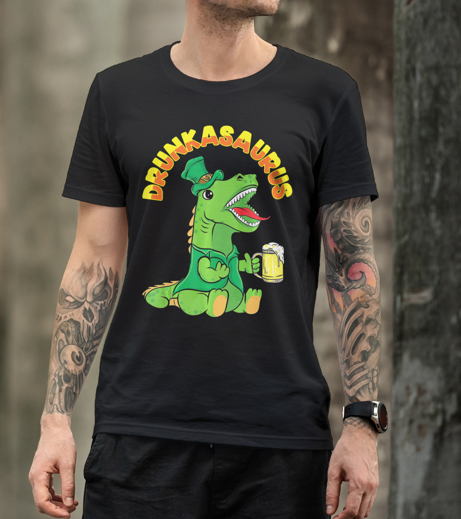 Drunkasaurus Leprechaun Dinosaur With Beer Drink T-Shirt