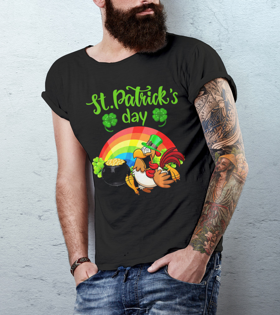 St. Patrick's Day Leprechaun Chicken With Rainbow And Pot Of Gold T-Shirt