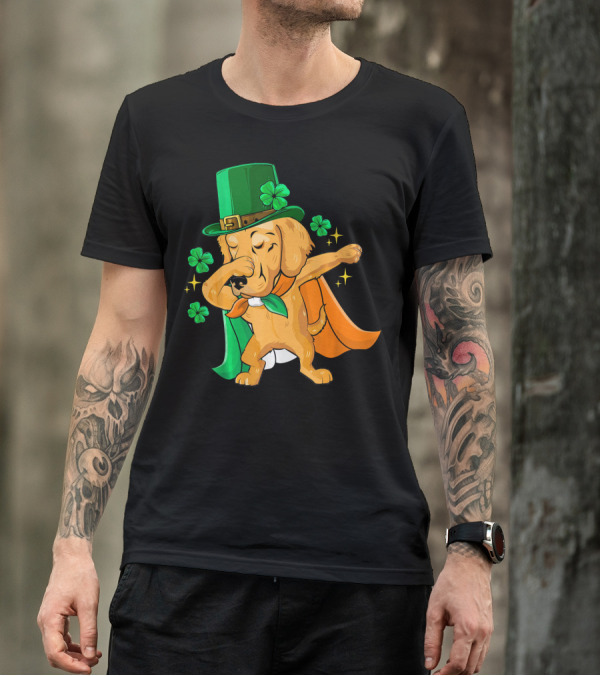 Golden Retriever Dabbing In Leprechaun Hat With Shamrock Cape T-Shirt