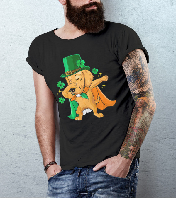 Golden Retriever Dabbing In Leprechaun Hat With Shamrock Cape T-Shirt