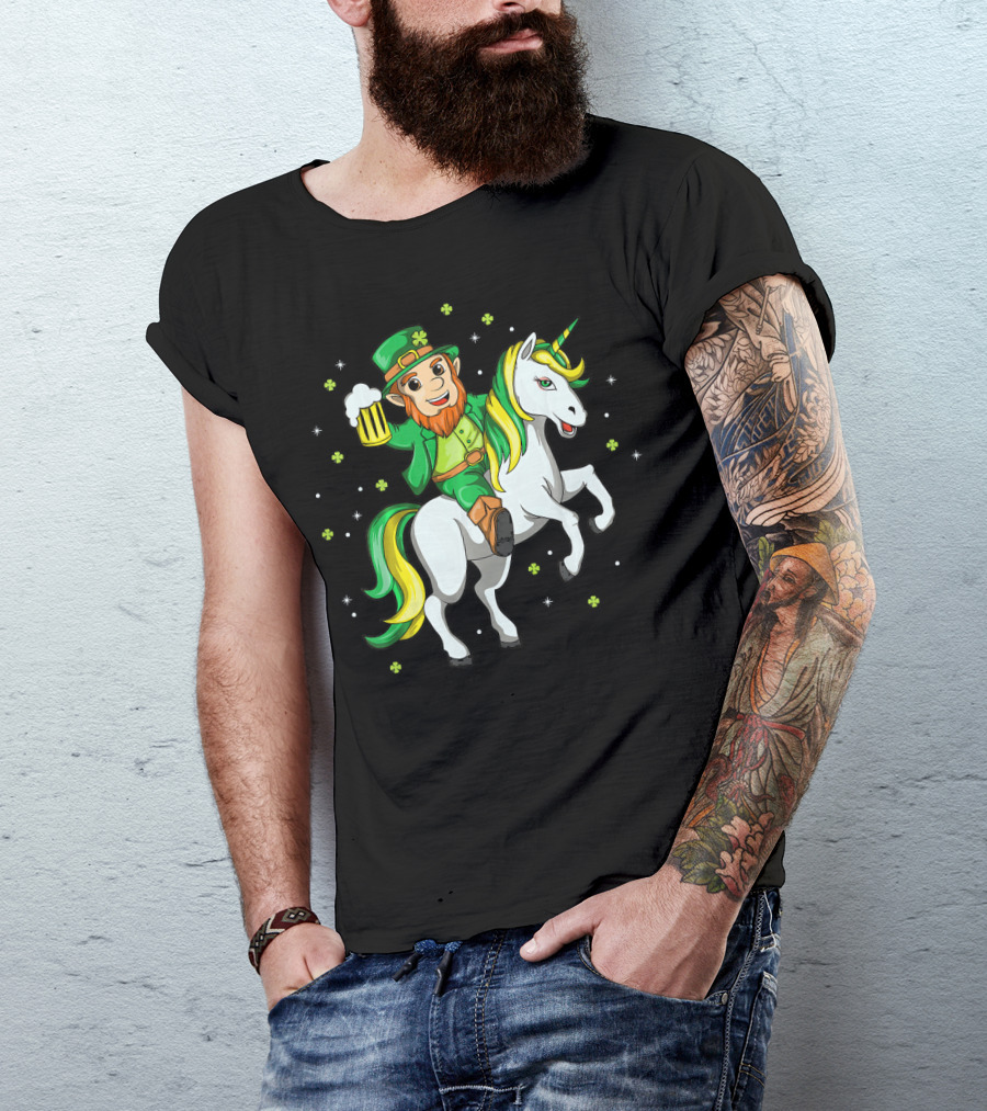 Lepricorn Irish Unicorn With Beer Mug And Shamrocks T-Shirt