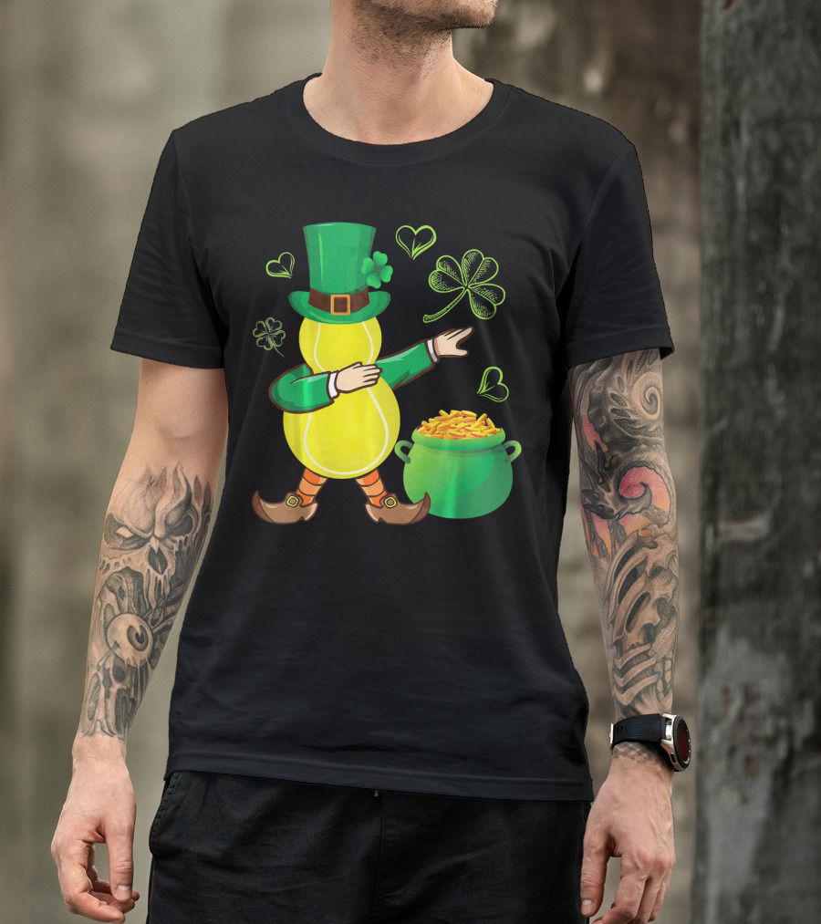 Tennis Leprechaun Dabbing With Gold Pot And Shamrocks T-Shirt