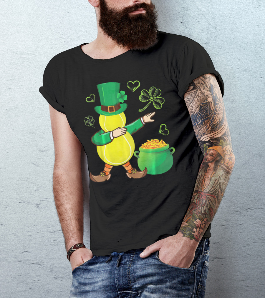 Tennis Leprechaun Dabbing With Gold Pot And Shamrocks T-Shirt