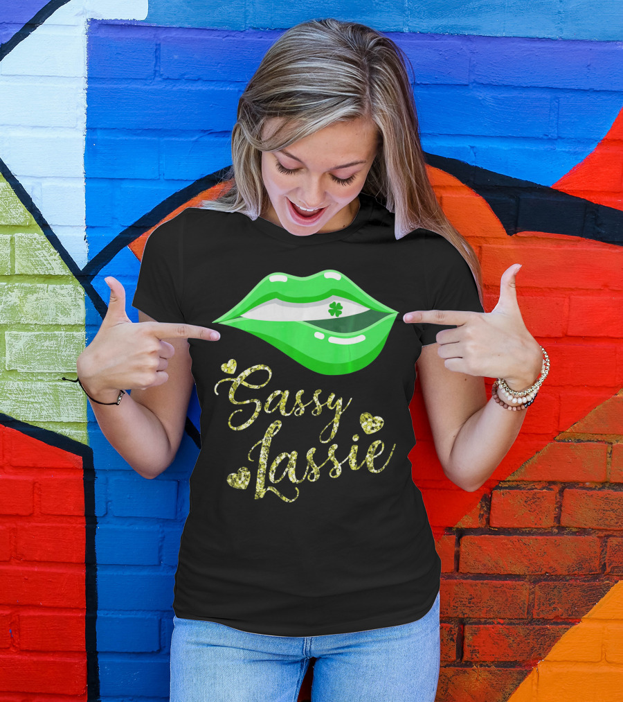 Sassy Lassie St Patricks Day Women Cute Lips Shamrock T-Shirt