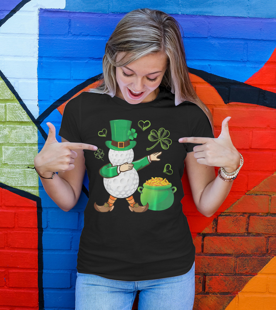 Golf Leprechaun Dabbing With Gold Shamrock And Pot Of Gold T-Shirt