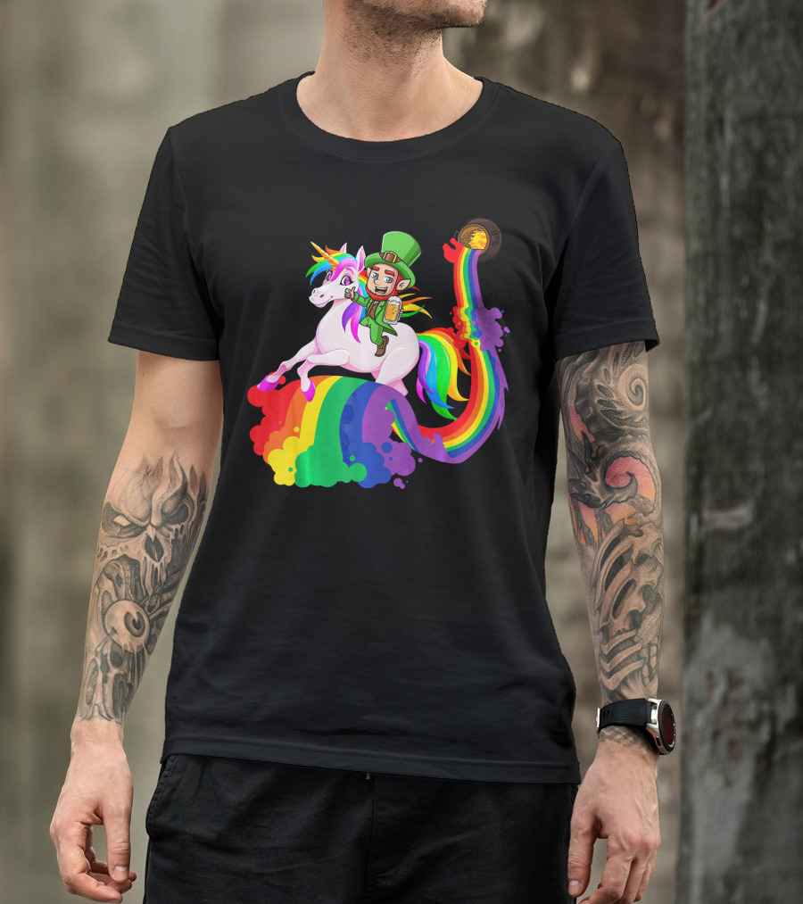 Patrick Leprechaun Riding Unicorn Rainbow With Beer And Pot Of Gold T-Shirt