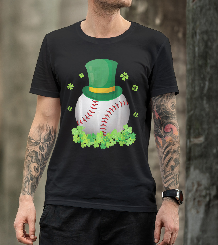 Baseball Leprechaun Hat With Shamrocks And Four-Leaf Clovers T-Shirt