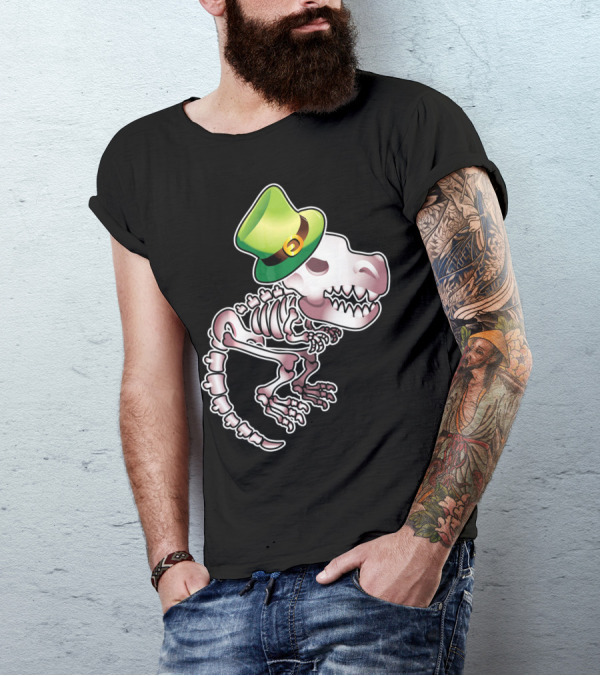 T Rex Dinosaur Skeleton With Green Leprechaun Hat T-Shirt