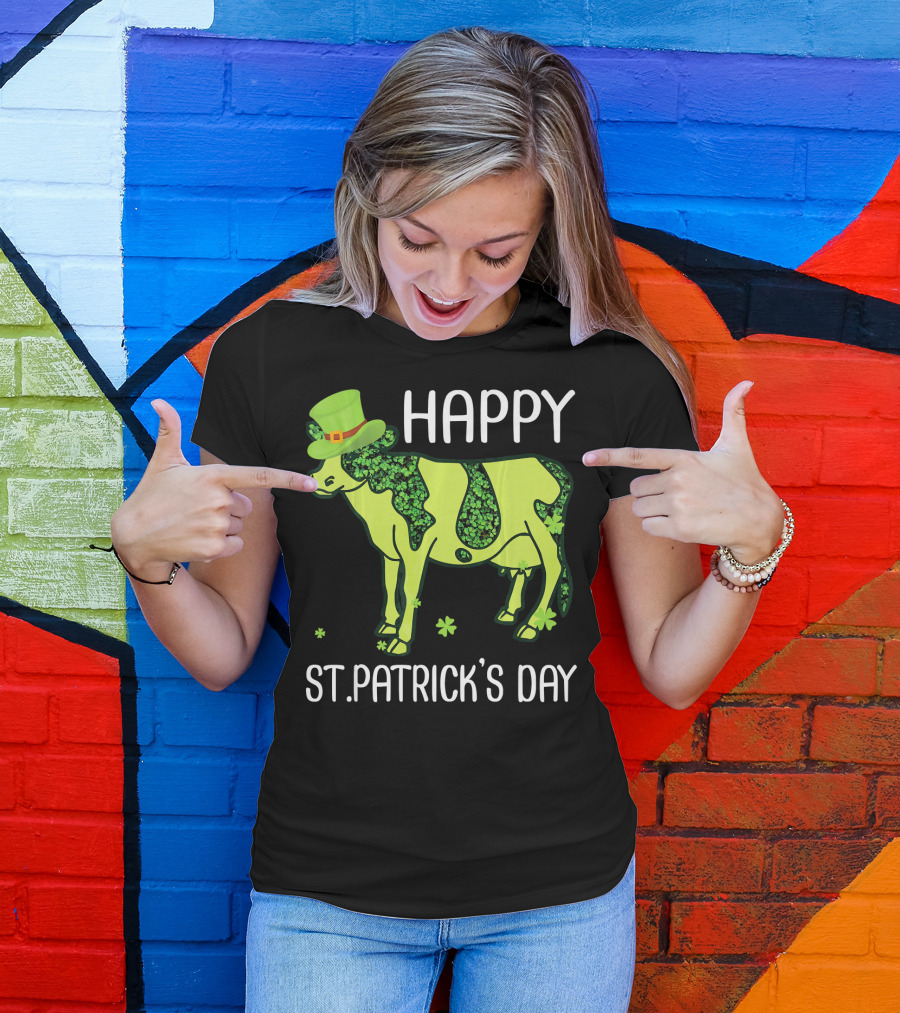 Happy St. Patrick's Day Shamrocks Cow Leprechaun T-Shirt