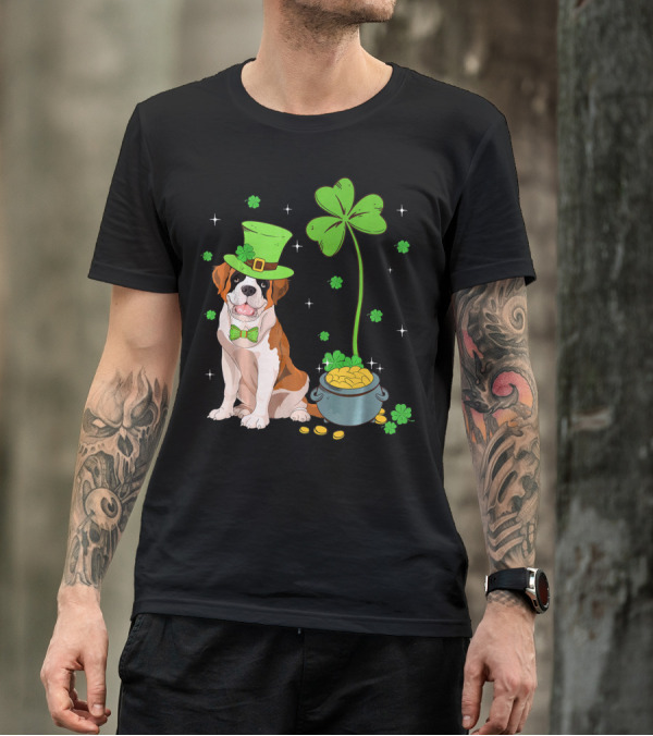 Shamrock Leprechaun Saint Bernard St Patrick's Day Dog Pot Of Gold T-Shirt