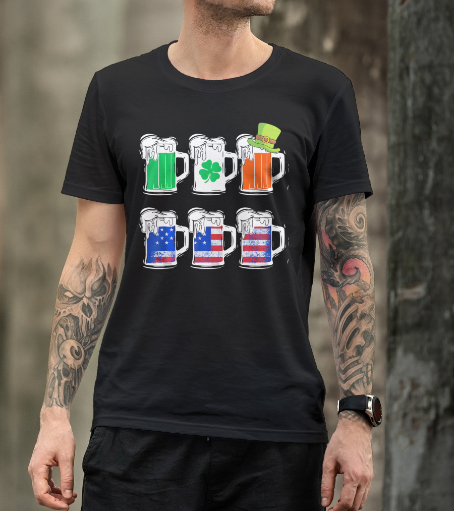 Saint Patricks Irish American Flag Beer Mug With Shamrock And Leprechaun Hat T-Shirt