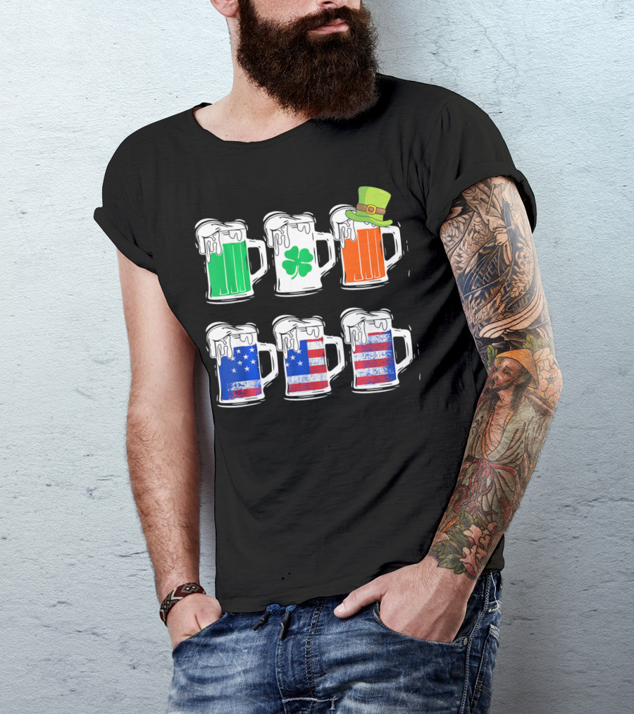 Saint Patricks Irish American Flag Beer Mug With Shamrock And Leprechaun Hat T-Shirt