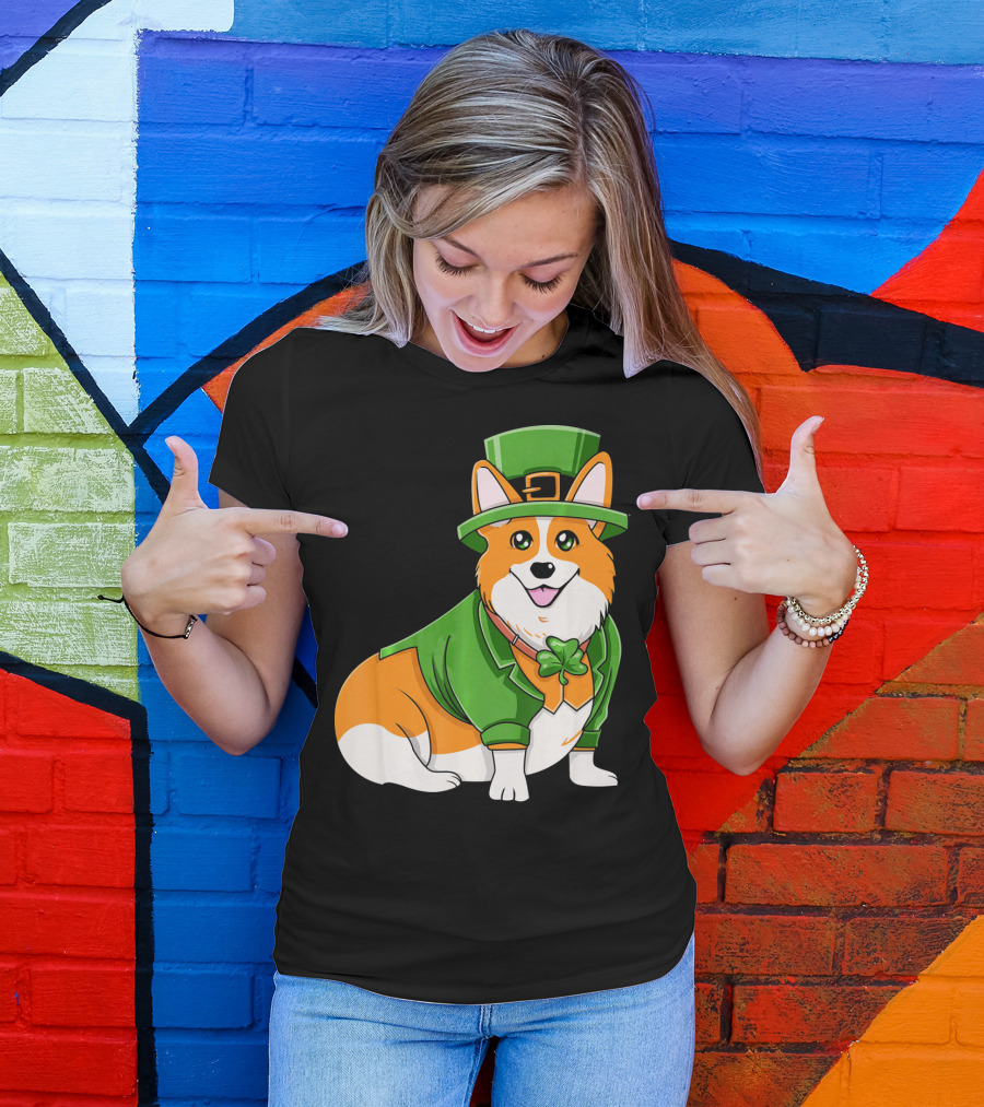 St Patricks Day Corgi Irish Dog In Leprechaun Hat And Green Suit T-Shirt