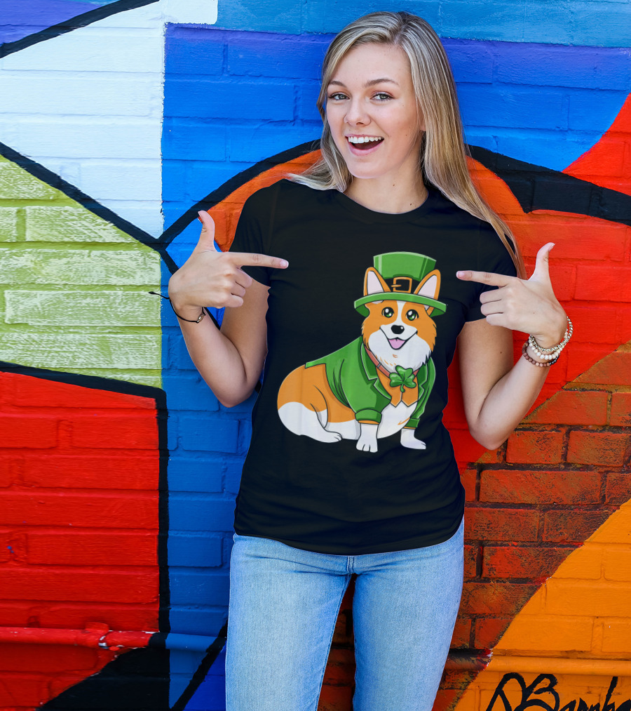 St Patricks Day Corgi Irish Dog In Leprechaun Hat And Green Suit T-Shirt