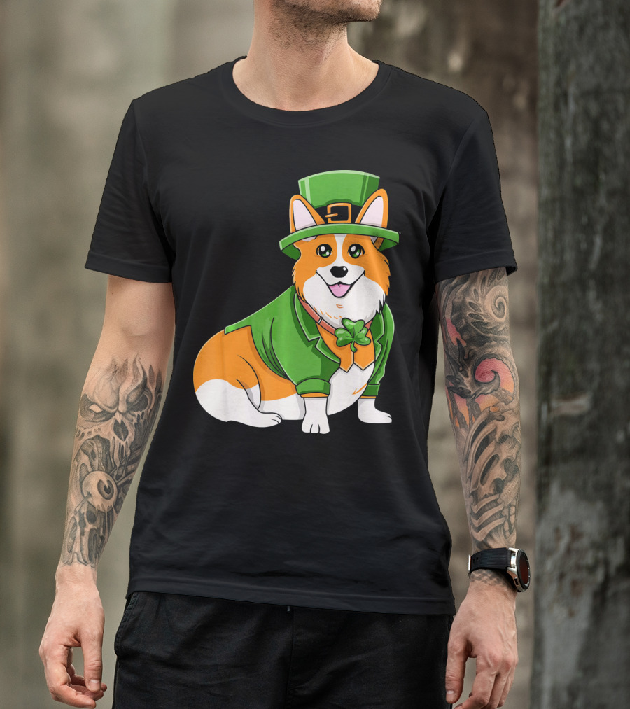 St Patricks Day Corgi Irish Dog In Leprechaun Hat And Green Suit T-Shirt