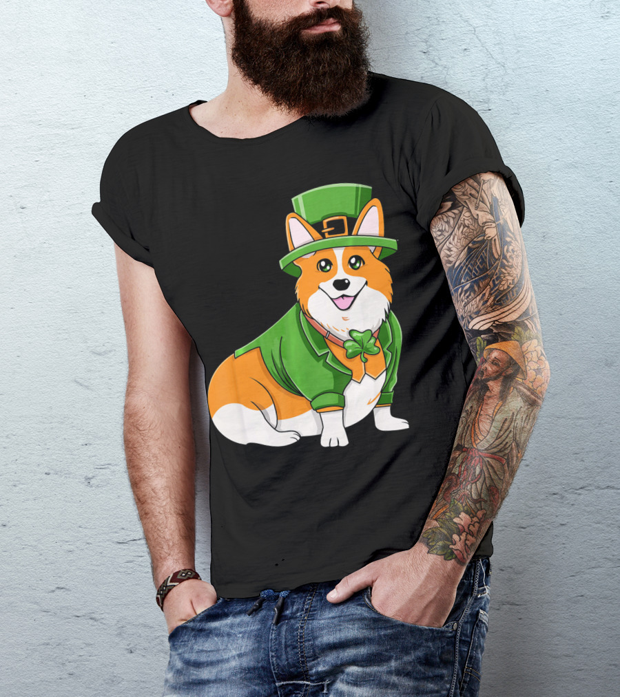 St Patricks Day Corgi Irish Dog In Leprechaun Hat And Green Suit T-Shirt