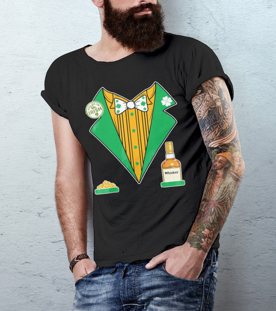 Kiss Me I'm Irish St. Patrick's Day Tux With Whiskey And Gold Coins T-Shirt