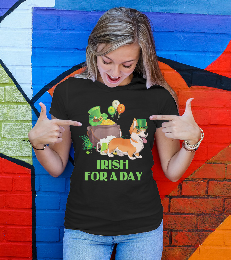 Irish For A Day Welsh Corgi Dog Leprechaun Pot Of Gold Balloons T-Shirt