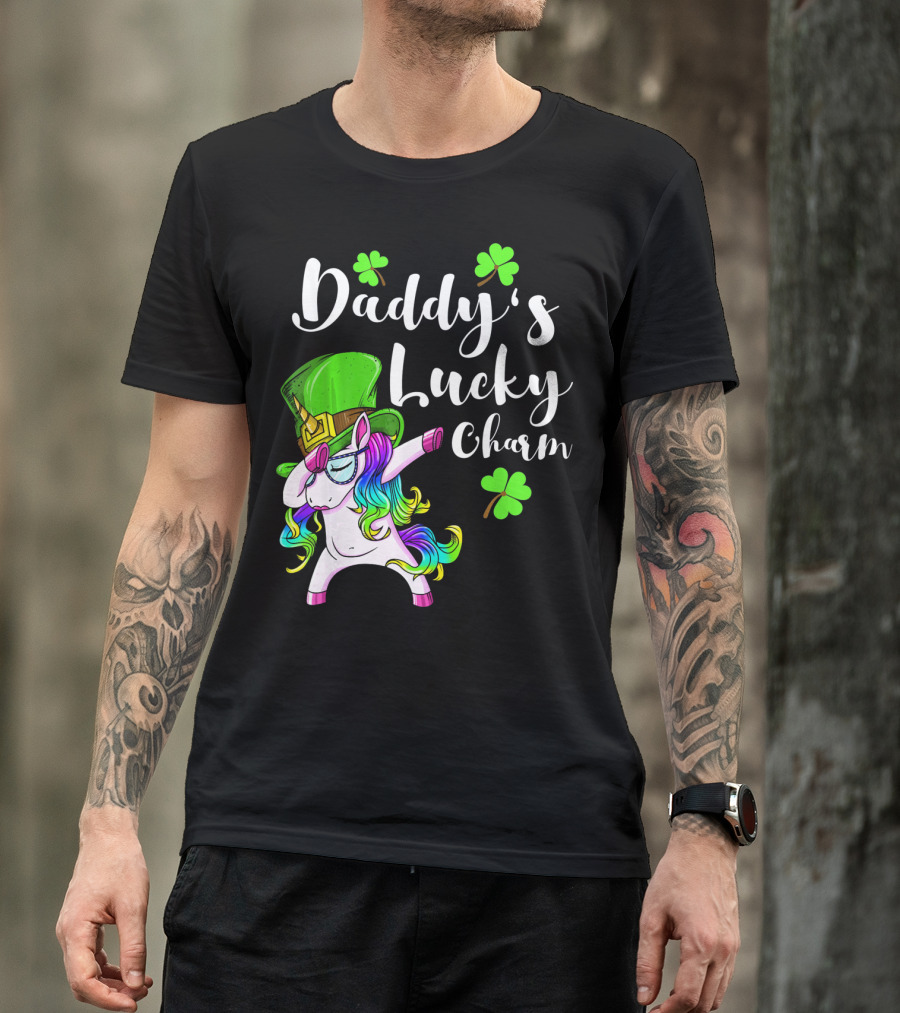 Daddy's Lucky Charm St. Patrick's Day Unicorn With Shamrock Hat T-Shirt