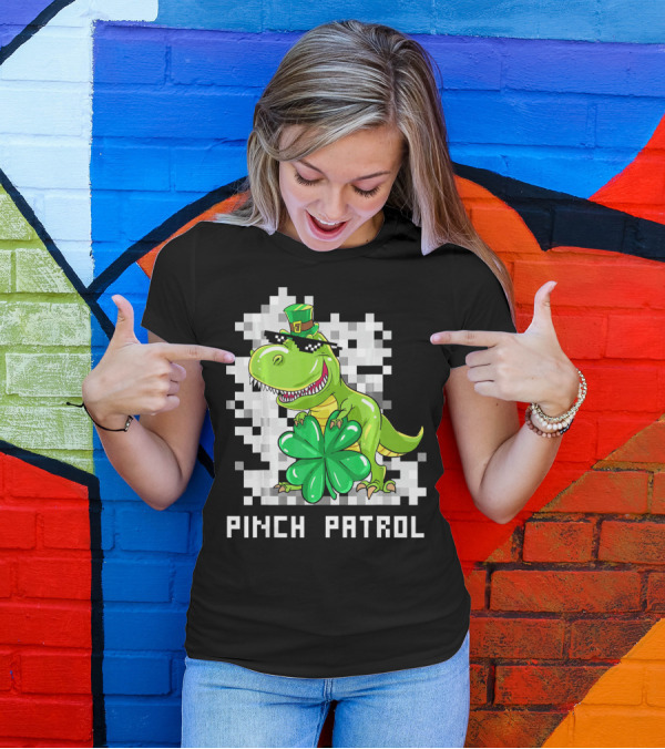 St Patrick Day Dinosaur Pinch Patrol Pixelated Clover And Hat T-Shirt