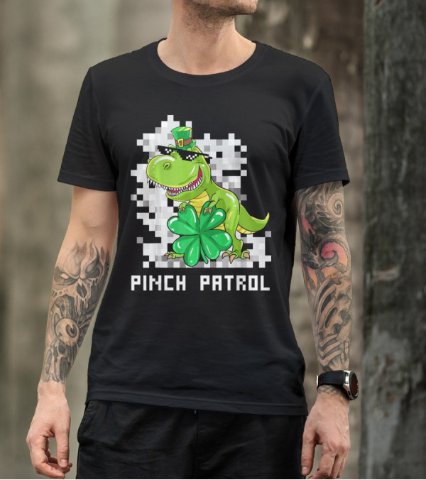 St Patrick Day Dinosaur Pinch Patrol Pixelated Clover And Hat T-Shirt