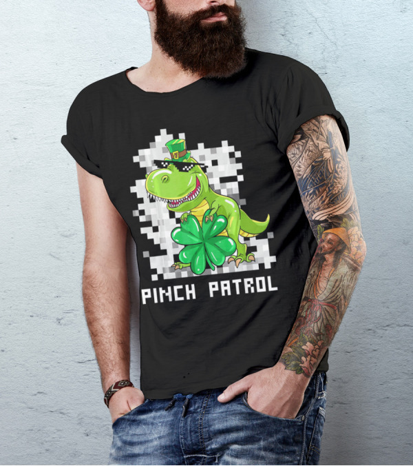St Patrick Day Dinosaur Pinch Patrol Pixelated Clover And Hat T-Shirt