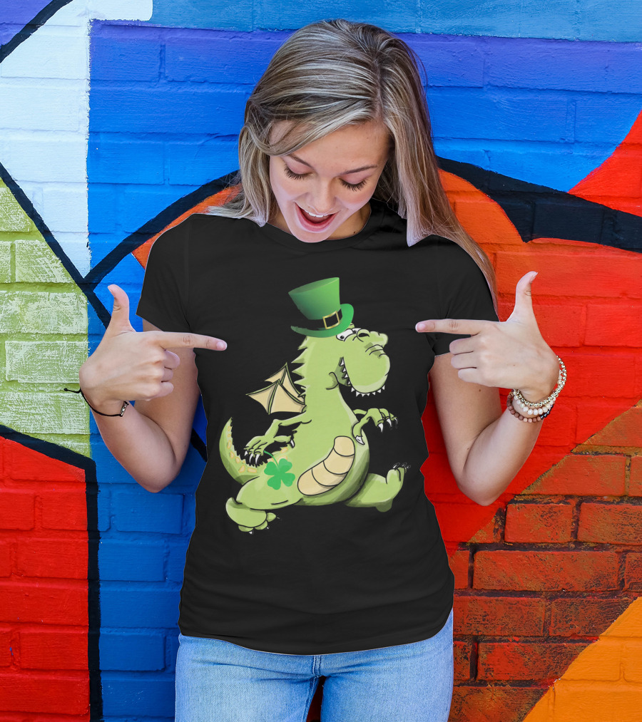 St Patrick's Day Dragon Wearing Leprechaun Hat With Shamrock T-Shirt