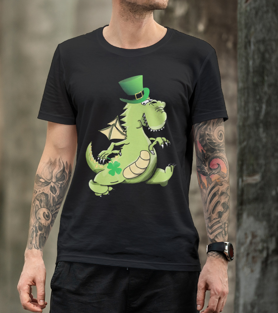 St Patrick's Day Dragon Wearing Leprechaun Hat With Shamrock T-Shirt