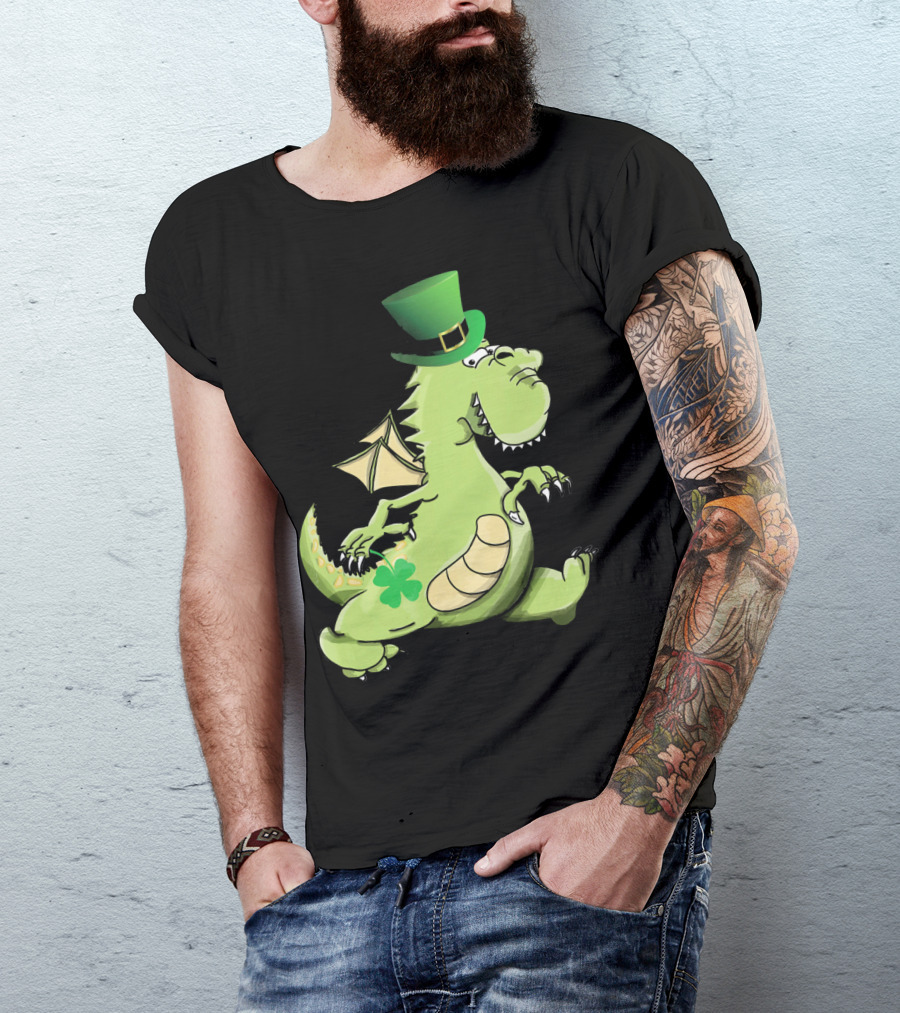 St Patrick's Day Dragon Wearing Leprechaun Hat With Shamrock T-Shirt