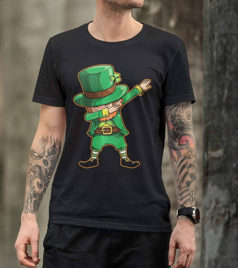 Funny Leprechaun Dabbing Dance Icon In Green Outfit And Hat T-Shirt