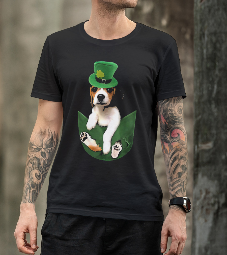 Beagle In Green Pocket With St Patrick's Hat And Shamrock T-Shirt