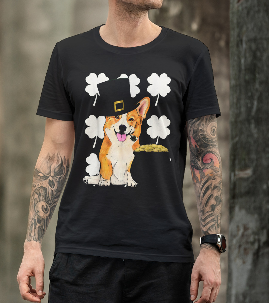 Irish Corgi St. Patricks Day Clover Leprechaun Hat And Pot Of Gold T-Shirt