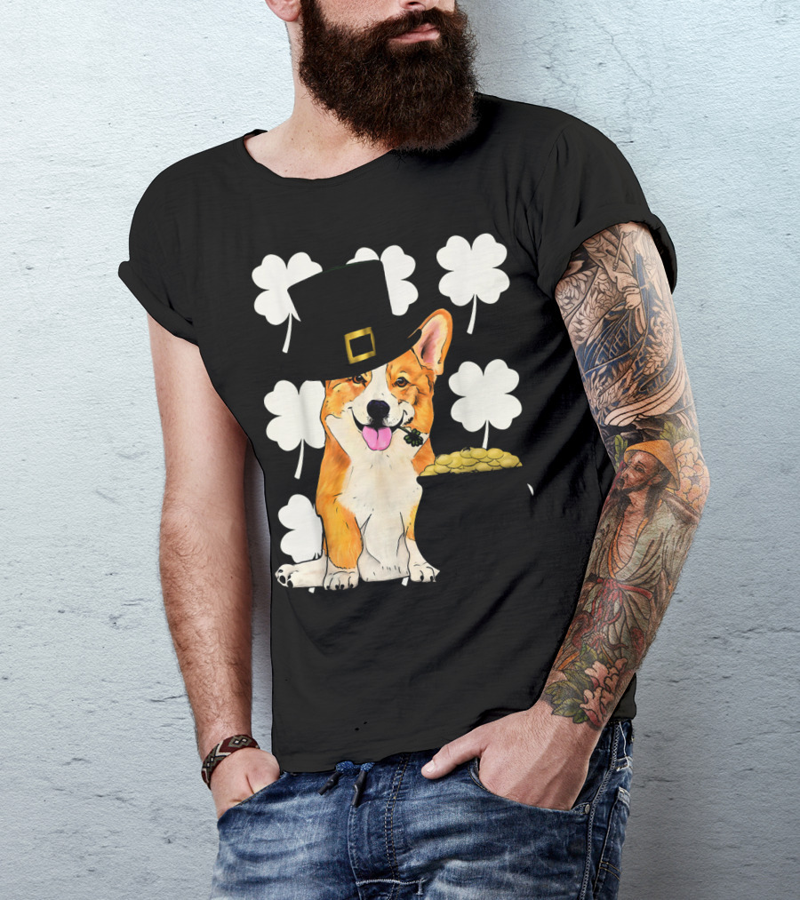 Irish Corgi St. Patricks Day Clover Leprechaun Hat And Pot Of Gold T-Shirt