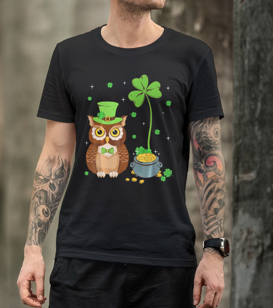 Shamrock Leprechaun Owl Pot Of Gold T-Shirt
