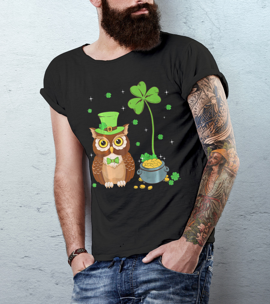 Shamrock Leprechaun Owl Pot Of Gold T-Shirt