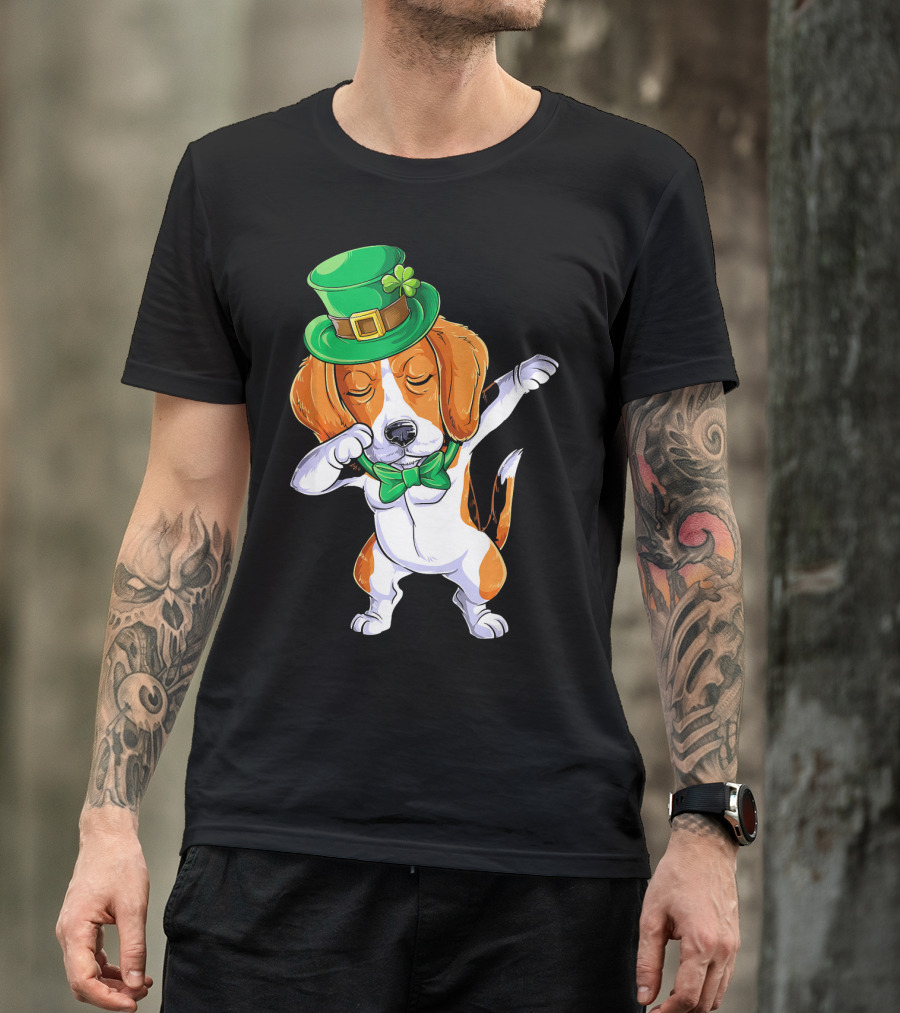 Dabbing Beagle St Patricks Day Boys Leprechaun Hat Bow Tie Shamrock T-Shirt