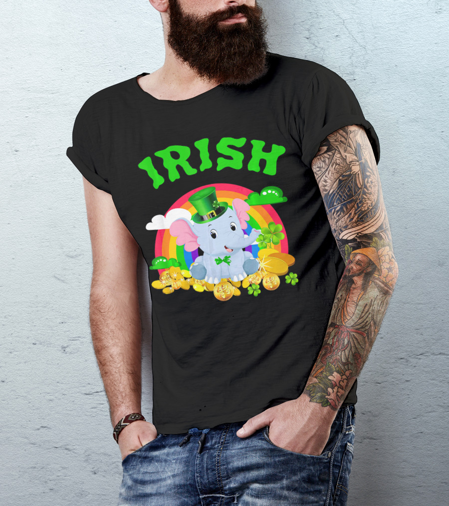 Irish Elephant St Patricks Day Rainbow Coins Clover T-Shirt