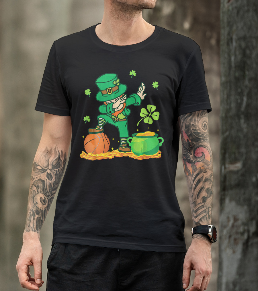 Leprechaun Dab With Basketball And Pot Of Gold Filled With Coins And Shamrocks T-Shirt